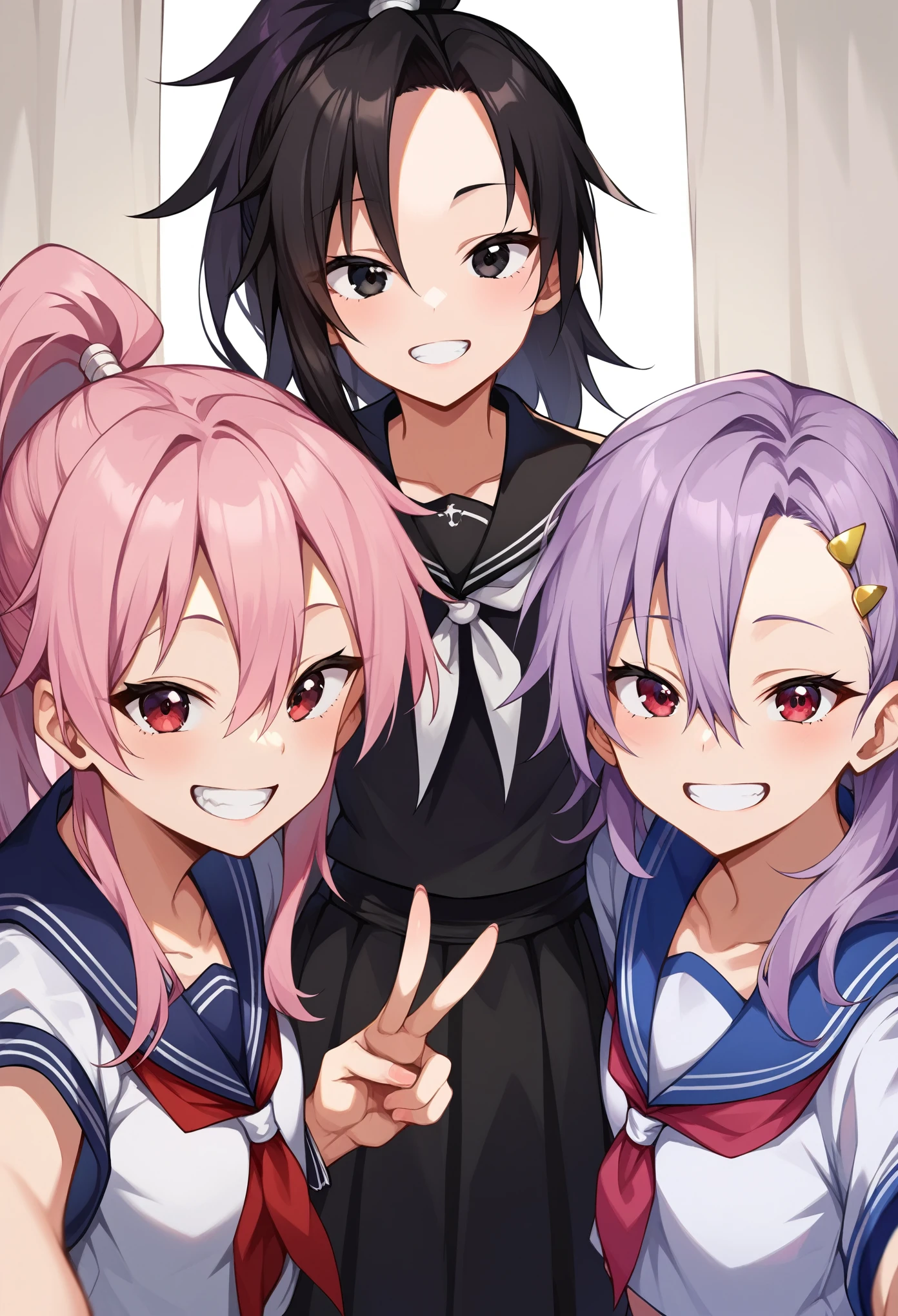 3girls, selfie, serafuku, Tsubaki, Benisumomo, Sazankavery, long hair, black hair, high ponytail, high ponytail, black eyes, medium hair, purple hair, red eyes, ponytail, long hair, pink hair, pink eyes, messy hair, hairpin, v. teeth  score_9, score_8_up, score_7_up, score_6_up, BREAK source_anime, masterpiece