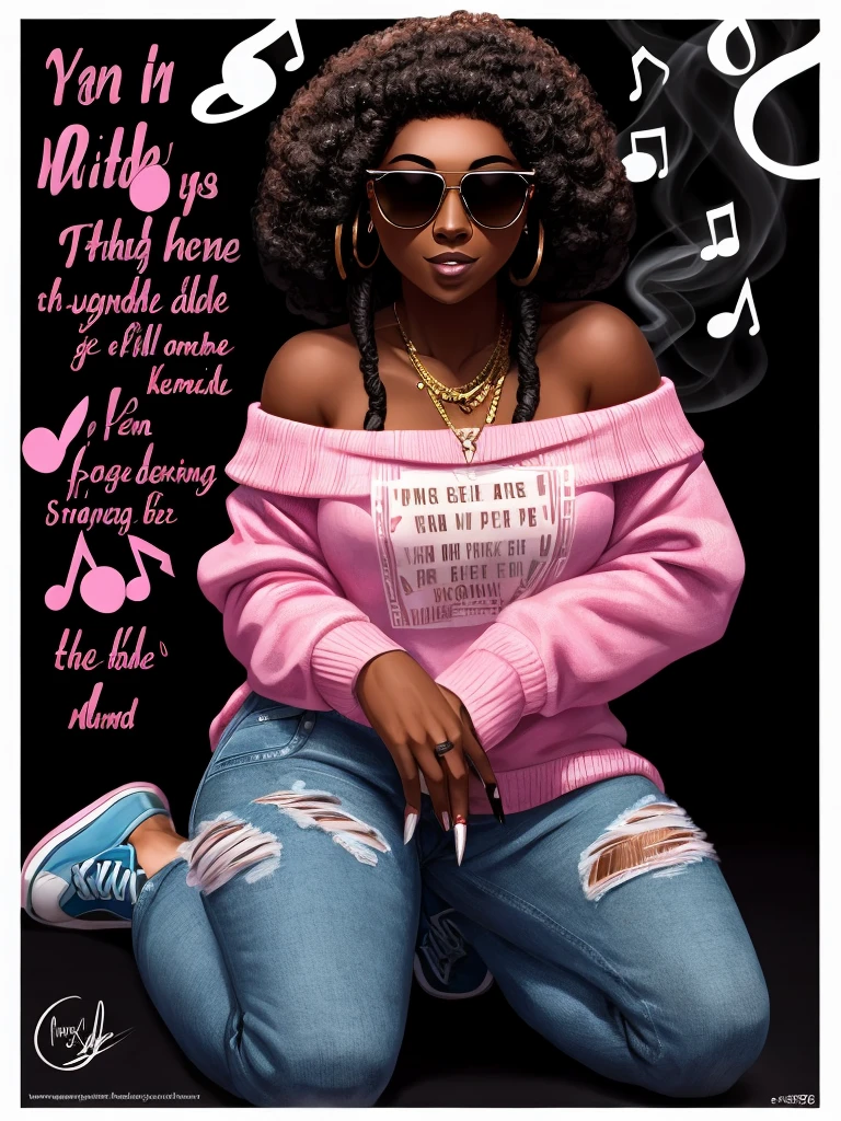 Black background airbrush muted palette A plus Afro American woman brown skin tone, black faux locs long nails black background text that says “Vibing to my Own beat” in bold large letters on the wall
brown expressive eyes pink square encrusted sunglasses flawless makeup off the shoulder pink sweater denim jeans pink sneakers 64k HD 6000 dpi kneeling on one knee musical notes smoking a cigar