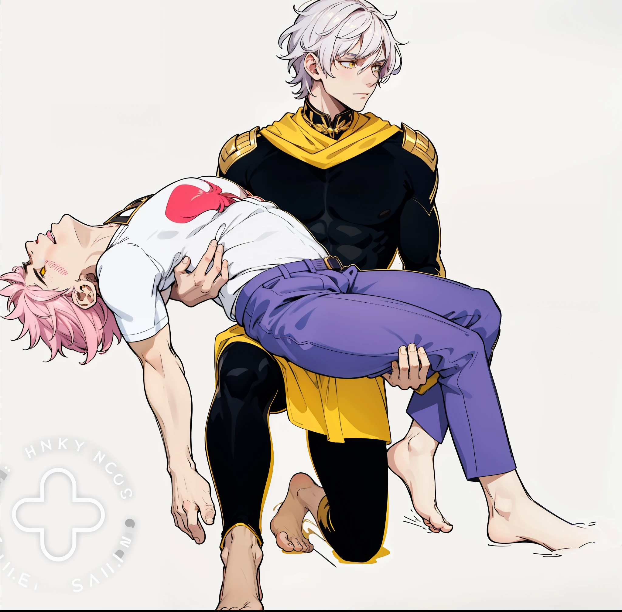 He is lifting a shitty boy in his arms., pink hair the other has white hair yellow eyes he is barefoot black suit with yellow and gold metals
