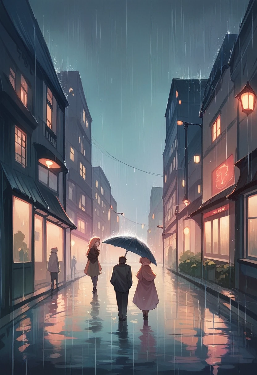 Beautiful married couple with an umbrella under heavy rain, warm rain, heavy rain artwork 8k full definition the couple is in a city on the street with few lights