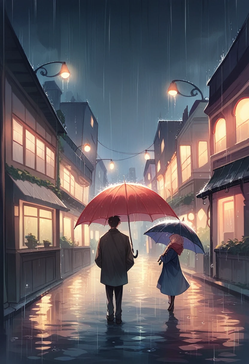 Beautiful married couple with an umbrella under heavy rain, warm rain, heavy rain artwork 8k full definition the couple is in a city on the street with few lights 