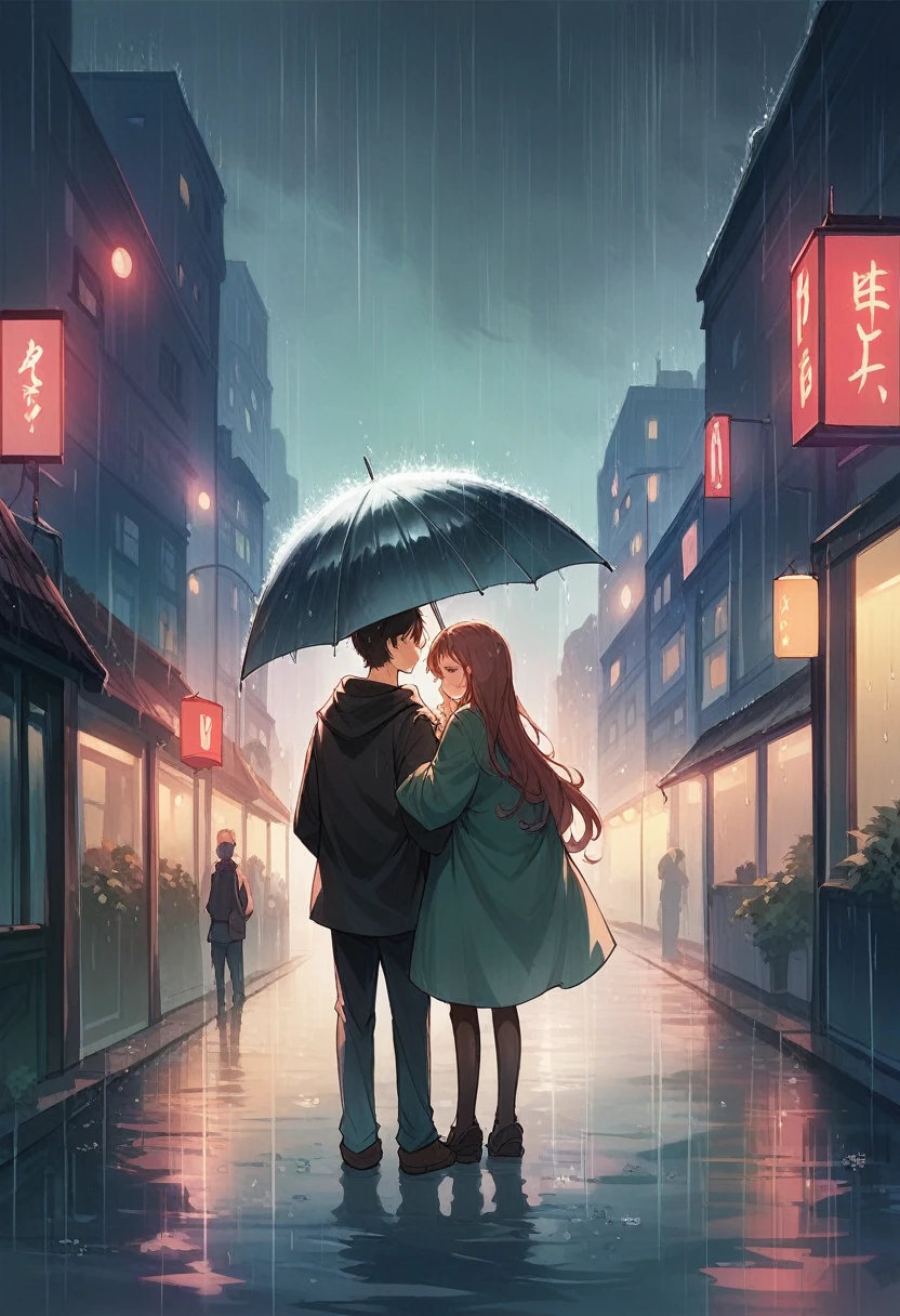 Beautiful married couple with an umbrella under heavy rain, warm rain, heavy rain artwork 8k full definition the couple is in a city on the street with few lights