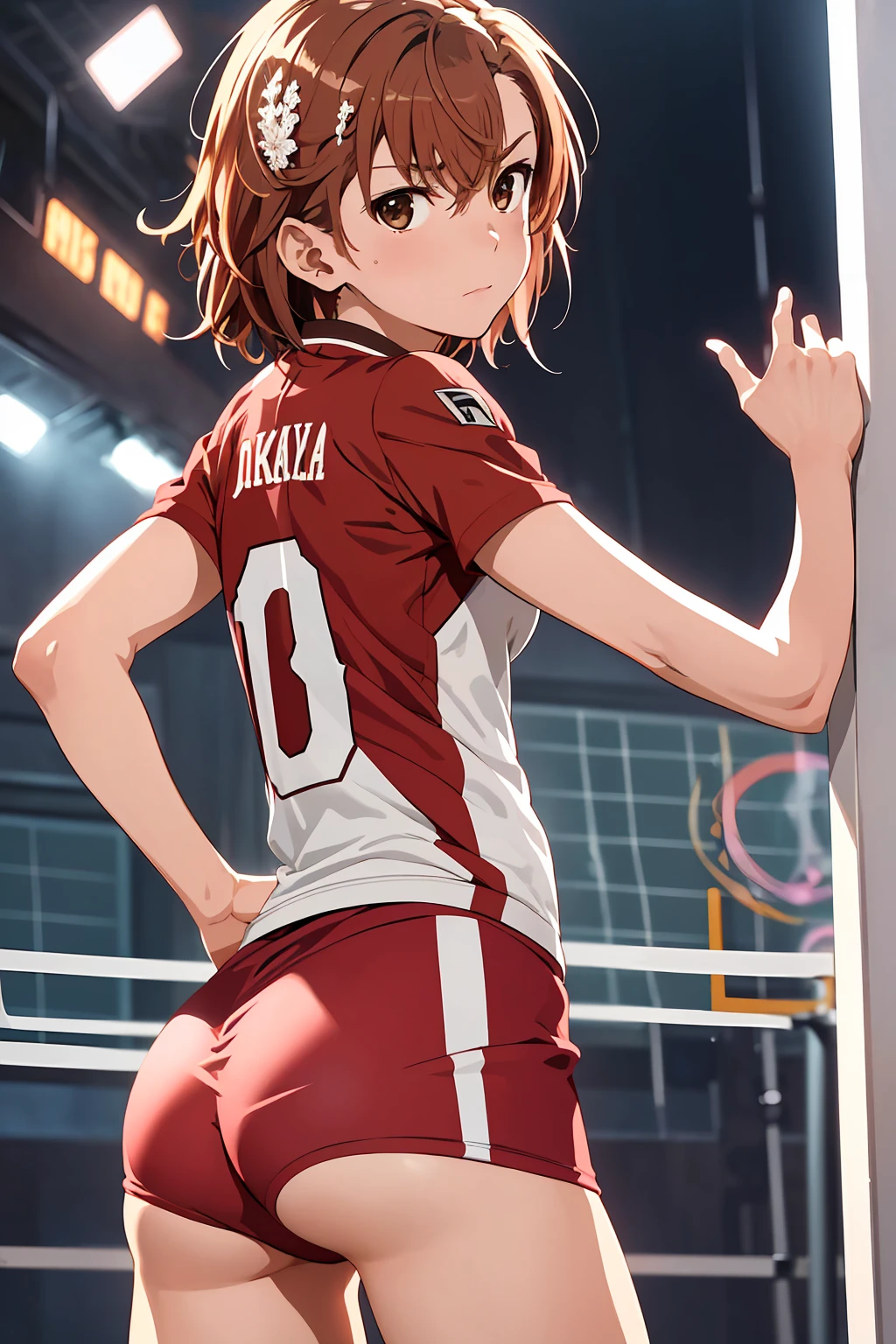 (Highest quality:1.5, High resolution, uhd, 4K, Detailed lighting, Shaders), ((Misaka Mikoto)) ,solo short hair　Brown Hair　Brown eyes　Cool face　　((Volleyball Uniforms))++　Realistic gym　 Sweat　Super oily skin　　Preparing for exercise　No ball　No sleeve　Cowboy shot Beautiful ass　Side angle