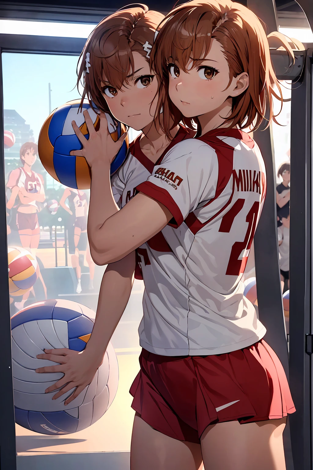 (Highest quality:1.5, High resolution, uhd, 4K, Detailed lighting, Shaders), ((Misaka Mikoto)) ,solo short hair Brown Hair Brown eyes Cool face ((Volleyball Uniforms))++ Realistic gym Sweat Super oily skin Preparing for exercise No ball No sleeve Cowboy shot Beautiful ass Side angle