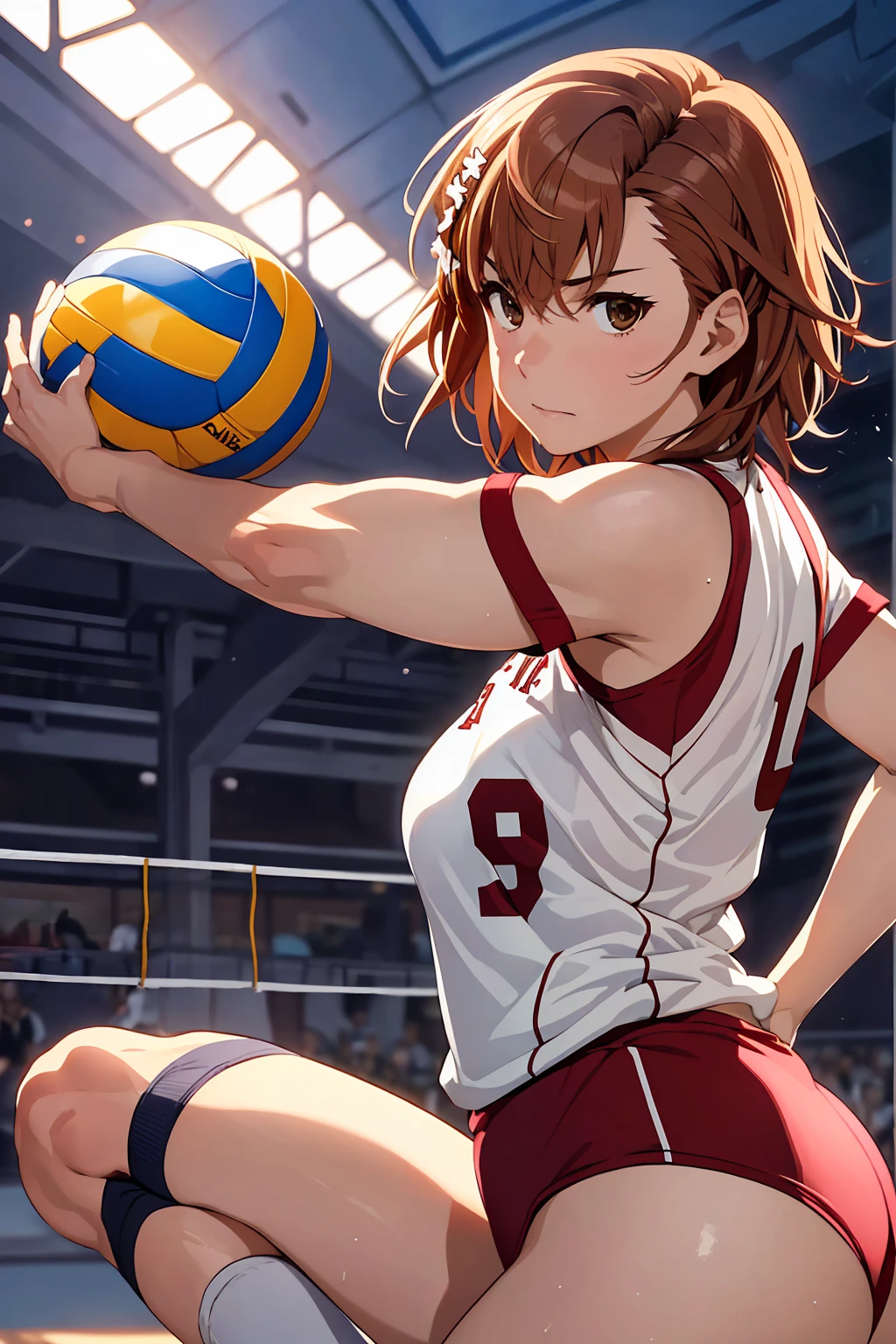 (Highest quality:1.5, High resolution, uhd, 4K, Detailed lighting, Shaders), ((Misaka Mikoto)) ,solo short hair　Brown Hair　Brown eyes　Cool face　　((Volleyball Uniforms))++　Realistic gym　 Sweat　Super oily skin　　Preparing for exercise　No ball　No sleeve　Cowboy shot Beautiful ass　Side angle