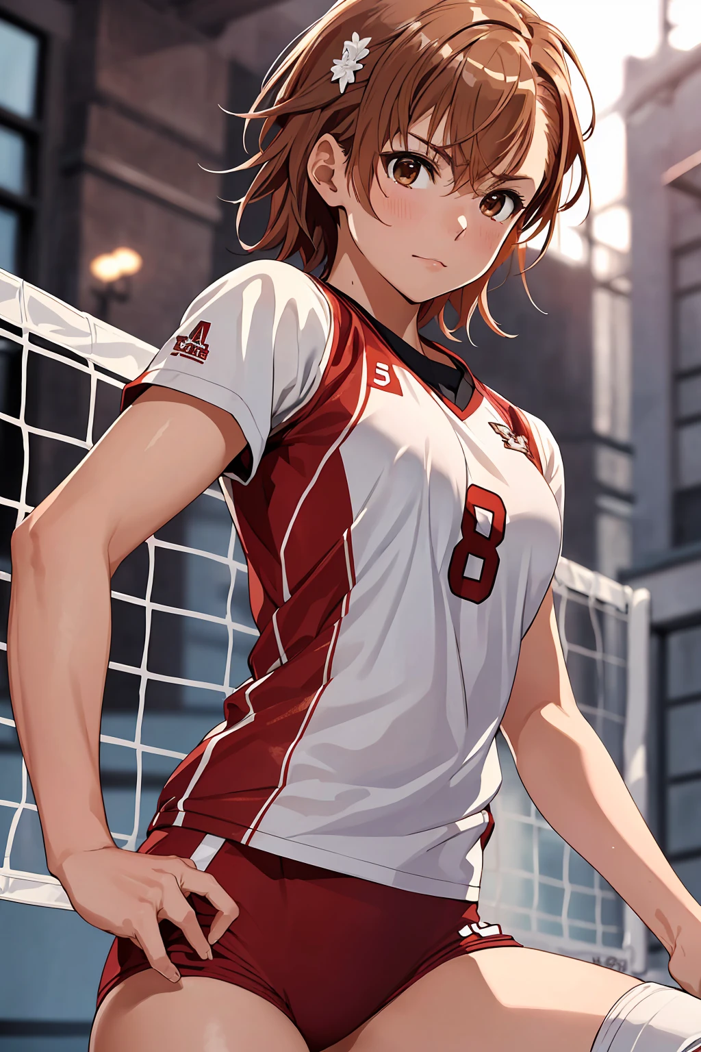 (Highest quality:1.5, High resolution, uhd, 4K, Detailed lighting, Shaders), ((Misaka Mikoto)) ,solo short hair　Brown Hair　Brown eyes　Cool face　　((Volleyball Uniforms))++　Realistic gym　 Sweat　Super oily skin　　Preparing for exercise　No ball　No sleeve　Cowboy shot Beautiful ass　Side angle