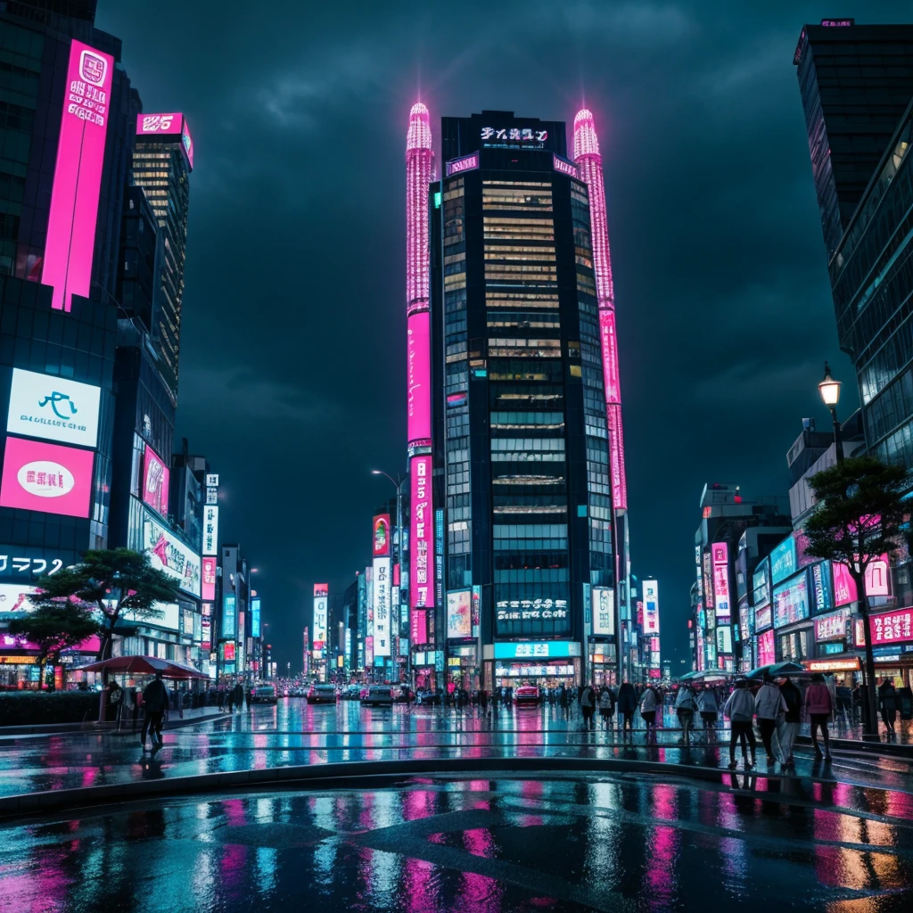 sci fi tokyo, Skyscraper rainy streets, at night, pink lights