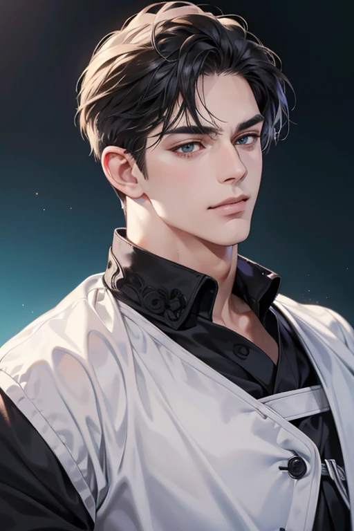 (best quality,4k,8k,highres,masterpiece:1.2),ultra-detailed,(realistic,photorealistic,photo-realistic:1.37),30 year old man,3 day beard,handsome anime,portraits,strong,masculine,dark hair,sharp jawline,mesmerizing eyes,perfectly styled hair,cool anime outfit,confident expression,vibrant colors,dynamic lighting, CEO and expression smile in love.