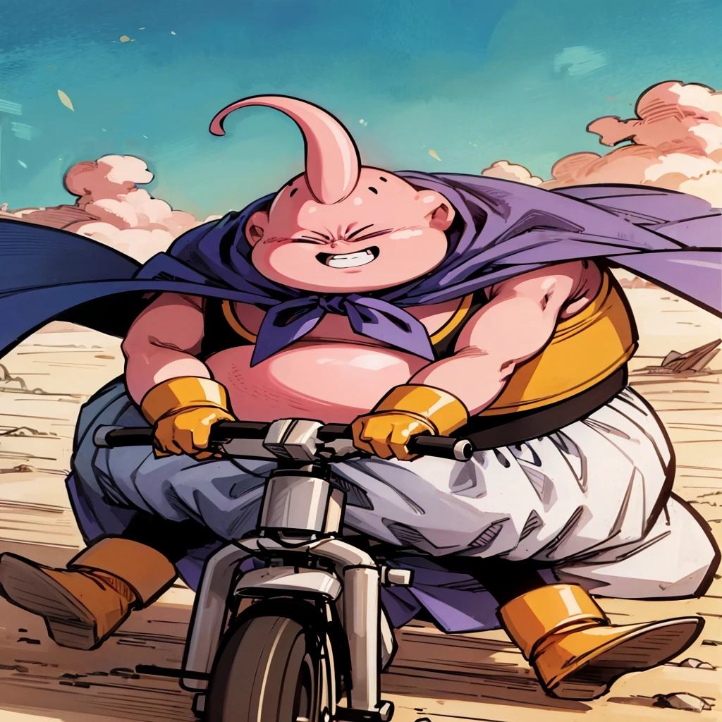 majin buu, fat buu, solo, open mouth, eating, lot of food, sitting, table, stuffing food in mouth,