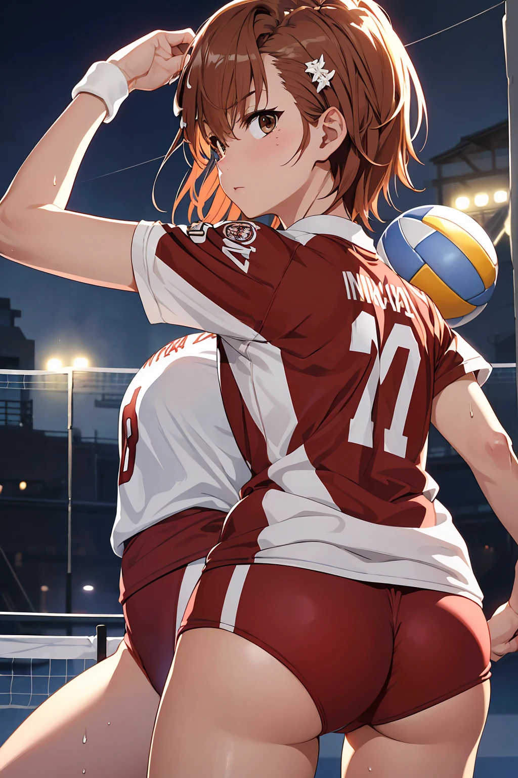 (Highest quality:1.5, High resolution, uhd, 4K, Detailed lighting, Shaders), ((Misaka Mikoto)) ,solo short hair Brown Hair Brown eyes Cool face ((Volleyball Uniforms))++ Realistic gym Sweat Super oily skin Preparing for exercise No ball No sleeve Cowboy shot Beautiful ass Side angle