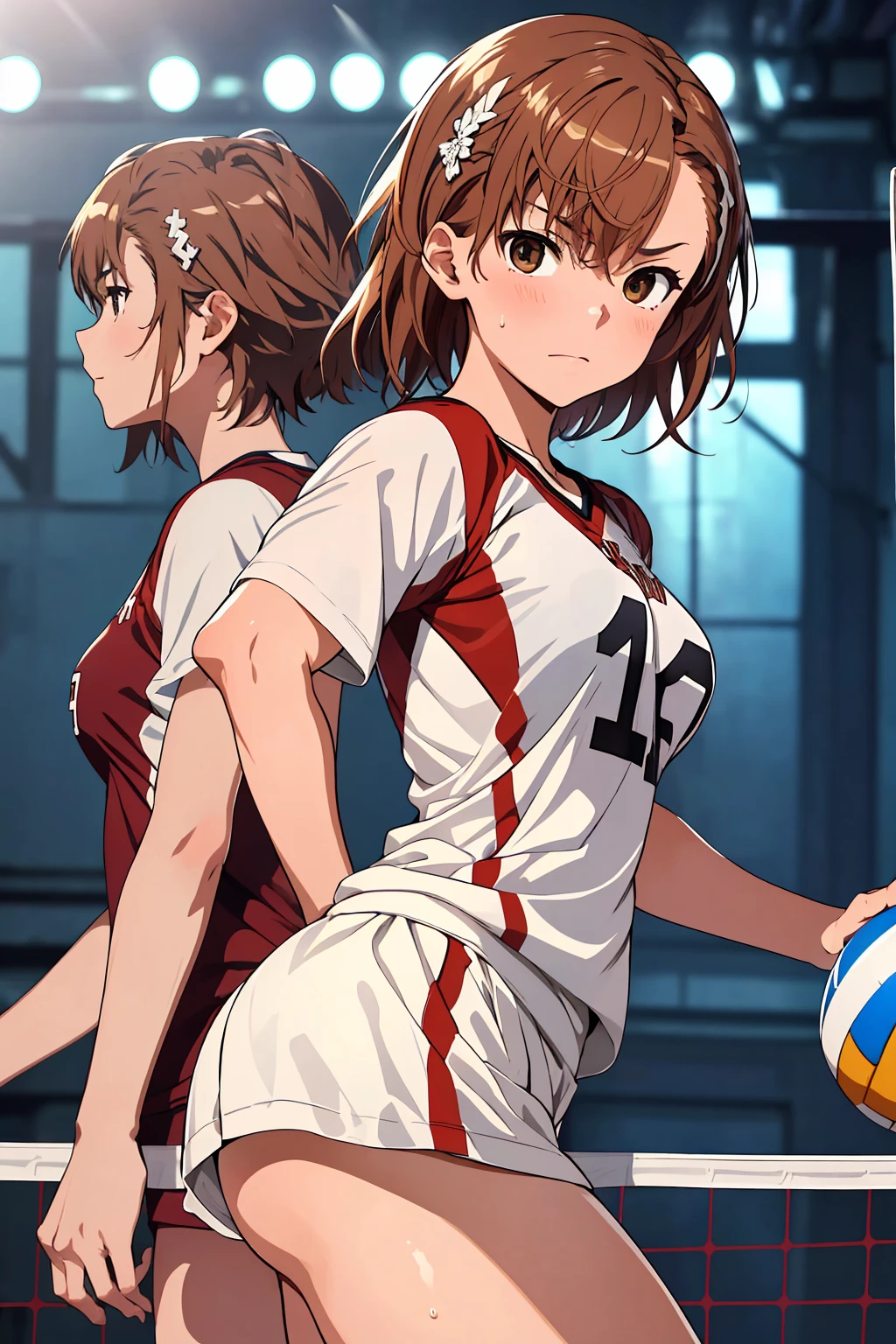 (Highest quality:1.5, High resolution, uhd, 4K, Detailed lighting, Shaders), ((Misaka Mikoto)) ,solo short hair Brown Hair Brown eyes Cool face ((Volleyball Uniforms))++ Realistic gym Sweat Super oily skin Preparing for exercise No ball No sleeve Cowboy shot Beautiful ass Side angle