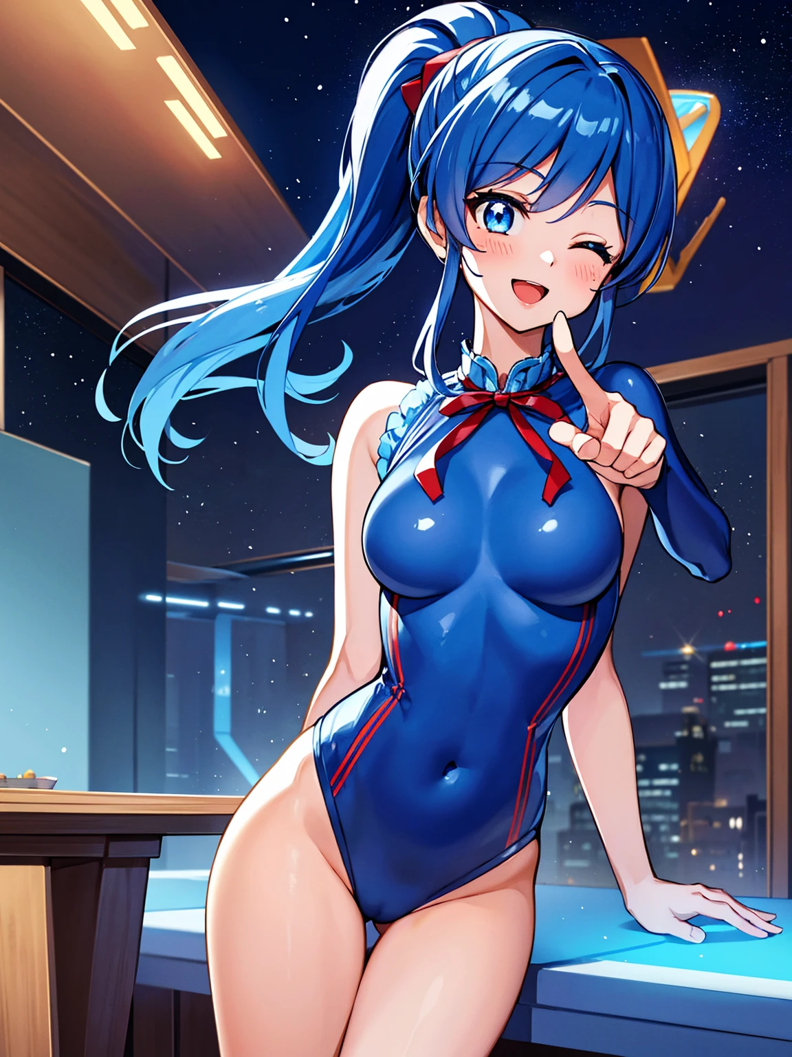 aikatsu,（Overhead view),dynamic angle,ultra-detailed, illustration, close-up, straight on, 1girl, ((blue souryuu asuka langley, interface headset, blue ????????:1.4, blue)),Her eyes shone like dreamy stars,(glowing eyes:1.233),(beautiful and detailed eyes:1.1),(expressionless),(standing), (masterpiece, best quality, ultra high res, perfect ???????, extremely detailed), BREAK, 1girl, 14 years old, red eyes, side_Ponytail, blue hair, very large ribbon in hair, idol costume, BREAK, (finger pointing), (full face), one eye closed, (open mouth), glow eyes, smile, stage light, (mechanic room with toolsand spaceship windowin a white SPACESHIP), (night:1.2),dreamy, [[delicate fingers and hands:0.55]::0.85],(detail fingers),