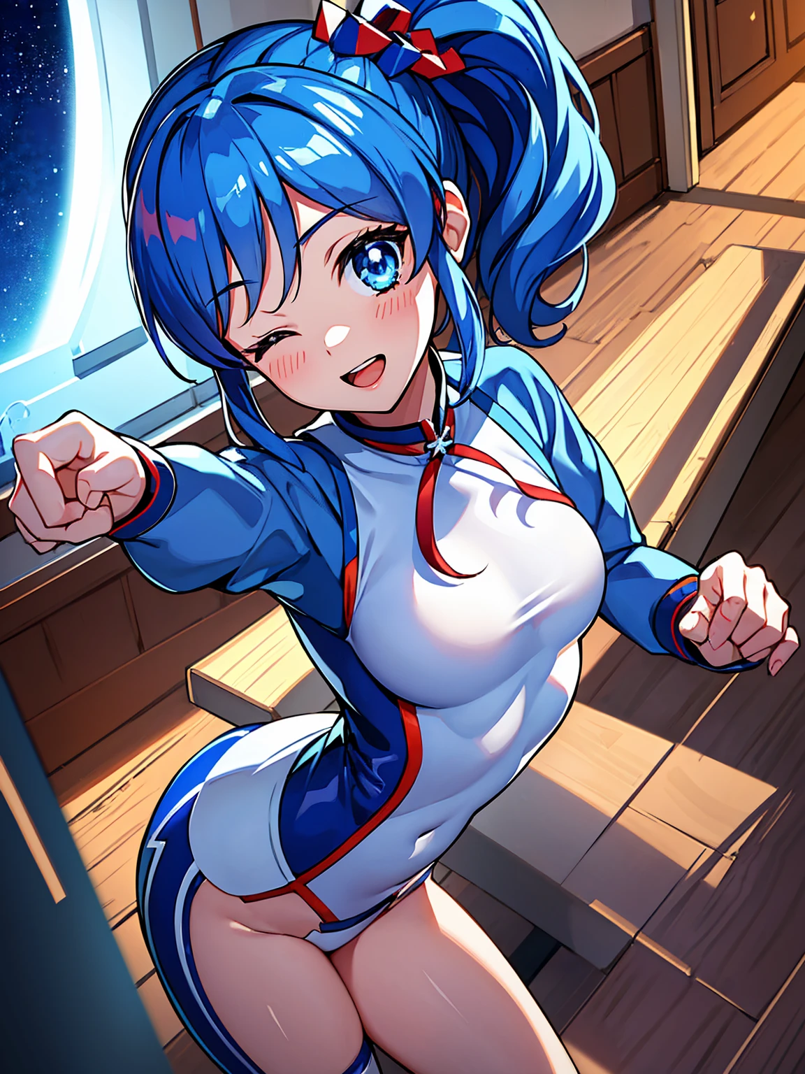 aikatsu,（Overhead view),dynamic angle,ultra-detailed, illustration, close-up, straight on, 1girl, ((blue souryuu asuka langley, interface headset, blue bodysuit:1.4, blue)),Her eyes shone like dreamy stars,(glowing eyes:1.233),(beautiful and detailed eyes:1.1),(expressionless),(standing), (masterpiece, best quality, ultra high res, perfect anatomy, extremely detailed), BREAK, 1girl, , red eyes, side_Ponytail, blue hair, very large ribbon in hair, idol costume, BREAK, (finger pointing), (full face), one eye closed, (open mouth), glow eyes, smile, stage light, (mechanic room with toolsand spaceship windowin a white SPACESHIP), (night:1.2),dreamy, [[delicate fingers and hands:0.55]::0.85],(detail fingers),