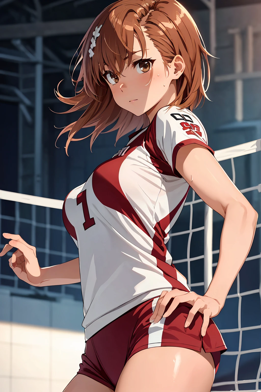 (Highest quality:1.5, High resolution, uhd, 4K, Detailed lighting, Shaders), ((Misaka Mikoto)) ,solo short hair Brown Hair Brown eyes Cool face ((Volleyball Uniforms))++ Realistic gym Sweat Super oily skin Preparing for exercise No ball No sleeve Cowboy Shot