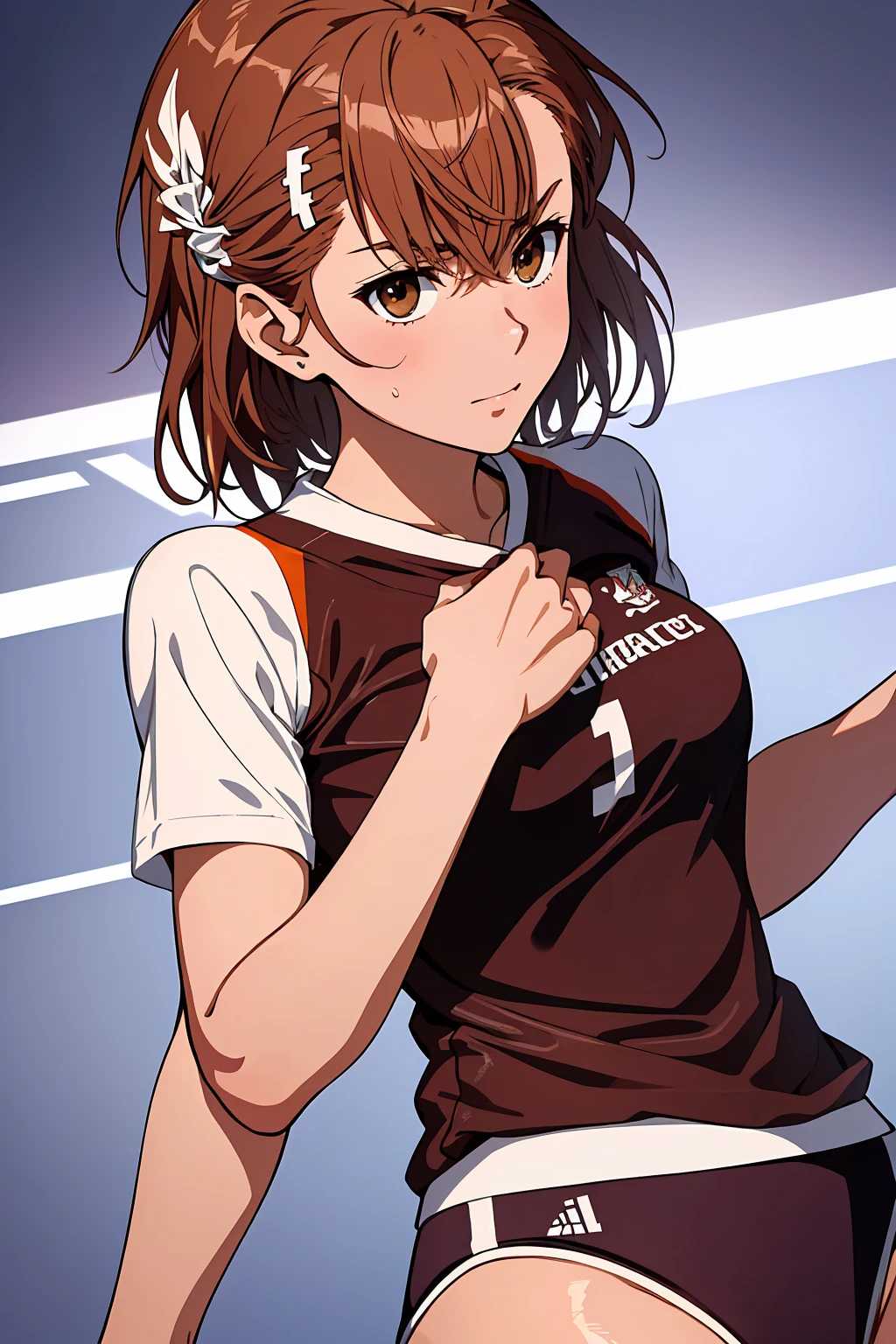 (Highest quality:1.5, High resolution, uhd, 4K, Detailed lighting, Shaders), ((Misaka Mikoto)) ,solo short hair　Brown Hair　Brown eyes　Cool face　　((Volleyball Uniforms))++　Realistic gym　 Sweat　Super oily skin　　Preparing for exercise　No ball　No sleeve　Cowboy shot Beautiful ass　Side angle