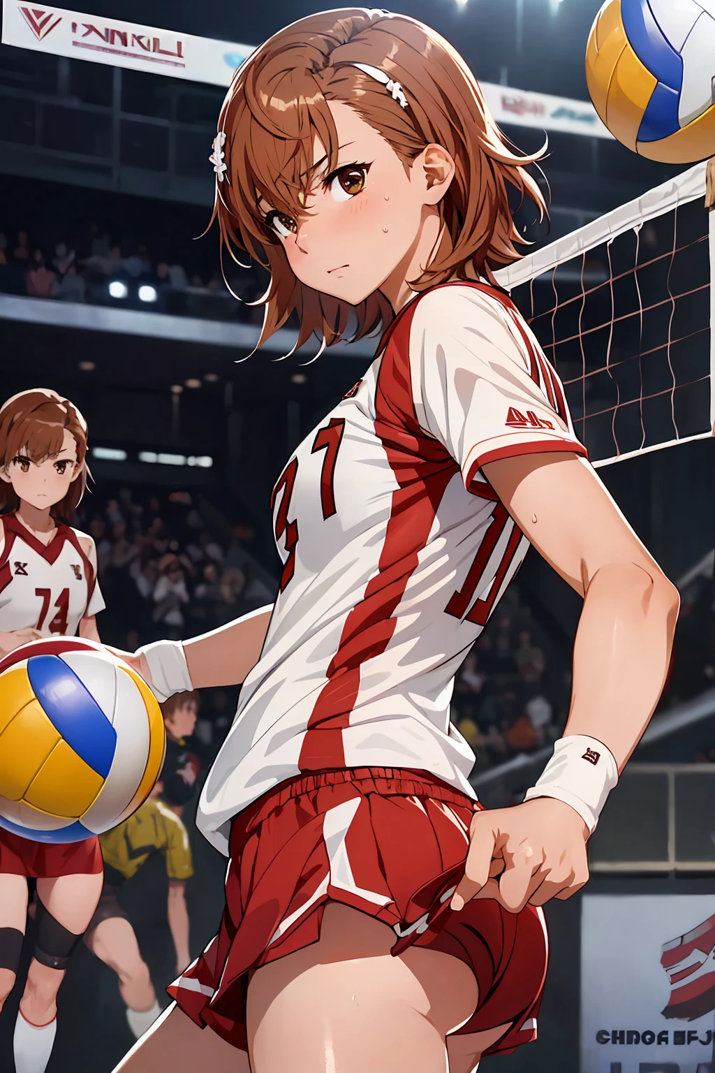 (Highest quality:1.5, High resolution, uhd, 4K, Detailed lighting, Shaders), ((Misaka Mikoto)) ,solo short hair　Brown Hair　Brown eyes　Cool face　　((Volleyball Uniforms))++　Realistic gym　 Sweat　Super oily skin　　Preparing for exercise　No ball　No sleeve　Cowboy shot Beautiful ass　Side angle