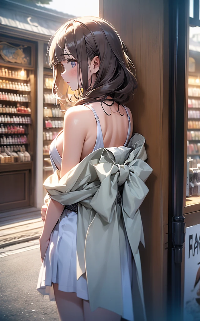 nsfw,
(No sideburns),
(brown bob short bangs hair), (bob medium length hair),
(put your hair up:0.2),(Gorgeous, voluminous cabaret club girl hairstyle),
(brown Princess bangs), (brown hair), (bob medium length hair), (middle_length waved hair), (vertical roll medium length hair), (bangs hair),
Masterpiece, high quality, extremely detailed, cute with glowing white skin, eyelashes and cute blonde eyes, アニメ, gorgeous background-centered composition,
(Best quality, 32k, photos of cute Japanese women),
(Realistic skin texture),
(Raw photo: 0.8),
(The background is inside the store Adult Shop book store DVD Shop Poster of a nude model on the wall),
(A pale light shines through),
cool-lighting,
1girl,
detailed face and breast,
17 years old,
tall,
(Schoolgirl Naked Apron Nameplate on chest socks),
(shy:1.2),
(looking away:1.2),
(Open your eyes slightly:1.0),
(Droopy eyes:1.1),
(closed mouth:1.0),
(Ultra Dynamic Angle:1.2),
(from behind),