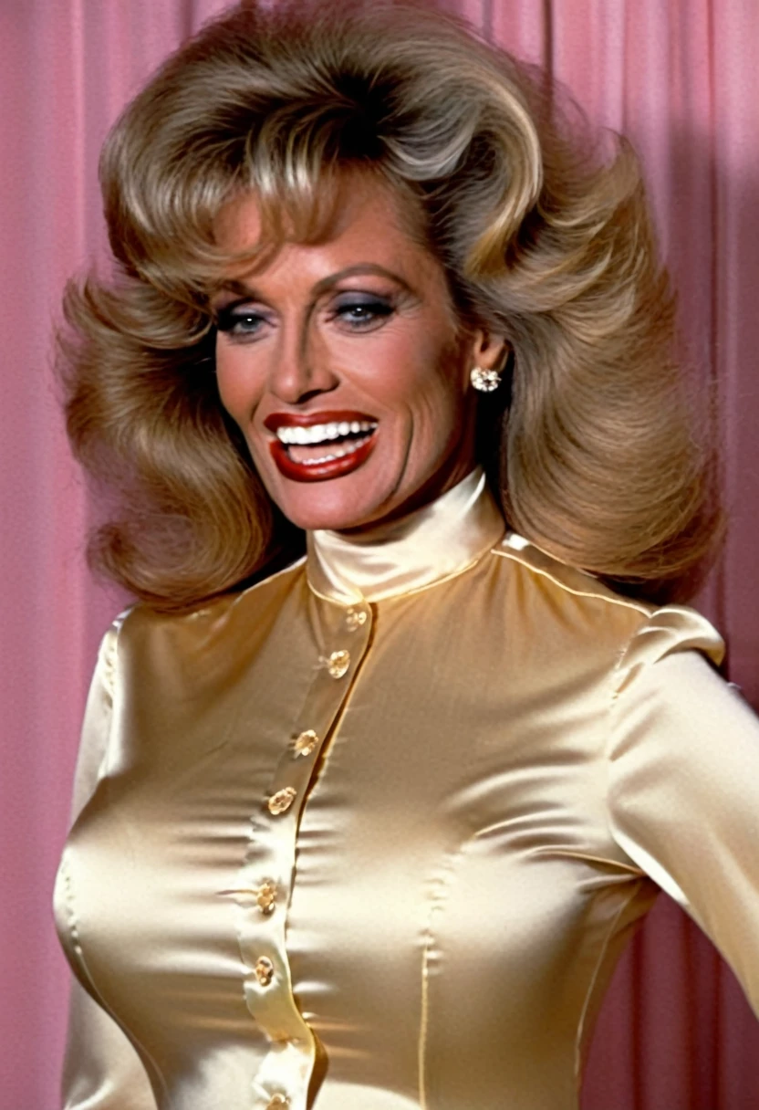 closeup shot in 1960, (muscular evil angery farrah fawcett showing closed teeth with flared nostrils and furrowed brows:1.5) in a (closed satin skintight silk buttondown band collar blouse with large shoulder-pads and extremely tight belt:1.6), tight hairbun, silk gloves, (widened eyes), (muscular arms), subtle evil stare with flared nostrils, large shoulder-pads, (evil laugh), skintight satin pants defining her body, uptight, popped collar, stiff posture