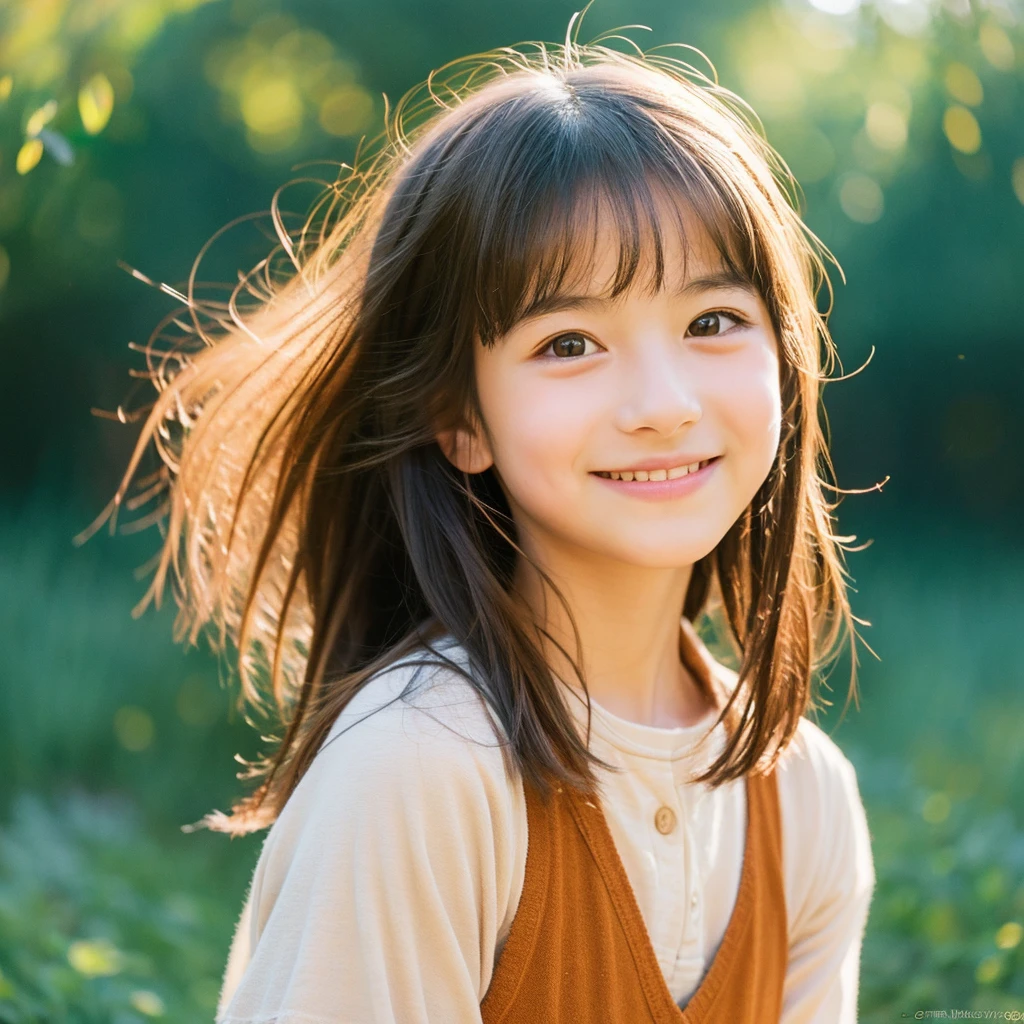 Create a portrait of a girl in the Ghibli style, Her expression should be soft and gentle, With a warm and kind smile. A combination of warm and cool colors is preferable for the background., Enhance a girl's hair. She should be wearing a blue lace dress with detailed embellishments., Adding elegance to her appearance. The overall atmosphere of the artwork is bright.、It should be attractive, Capture the girl's sweet and friendly demeanor. Draw the whole body"