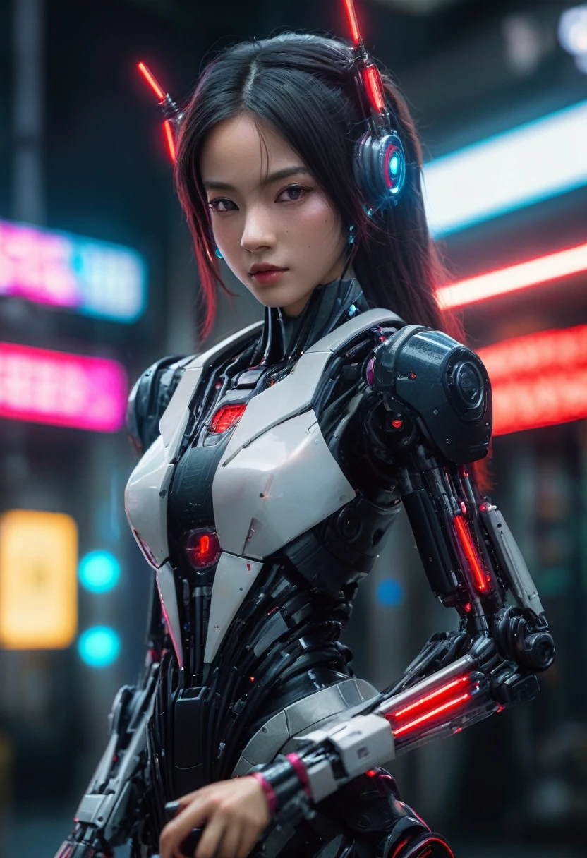 xxmixgirl. Highly detailed professional 35mm film, bokeh, face in sharp focus. A robotic female, Miku, with ((metal skin)), ((perfect Asian eyes)) with magenta irises and ((black pupils)), beautiful serious (detailed face), 18 year old ((photorealistic face)), very long magenta twin tails of magenta hair, twin black hair ties with a single red stripe. She may have a black audio headpiece. We can see her ((full body)) down to her boot soles. Her outfit is a sleeveless collared light grey shirt, outlined in red around the frilled collar and hems. Shiny reflective ((metallic breast cups, dimpleless)), invisible nipples. She wears black sleeves with red hems that start around her upper arm and bellow out as the sleeves open and extend to her wrists, with wide trumpet red rimmed cuffs. She has perfect robotic (detailed hands). She wears a red colored tie with two horizontal solid parallel black lines halfway across. She wears a fabric black skirt with a horizontal red hem at the bottom all the way around; her (((black skirt wraps around her))) and ((her skirt completely covers)) her robotic waist and thighs. Tall black boots with red bottom soles, a red rim around the top at her thighs. Her mechanical shoulder joints are visible. We can see her robotic legs and robotic neck. Half of her is covered with shiny polished machinery. The background is a distant dark neon futuristic Japanese city, gold, cyan, violet neon, near harbor or mountains.