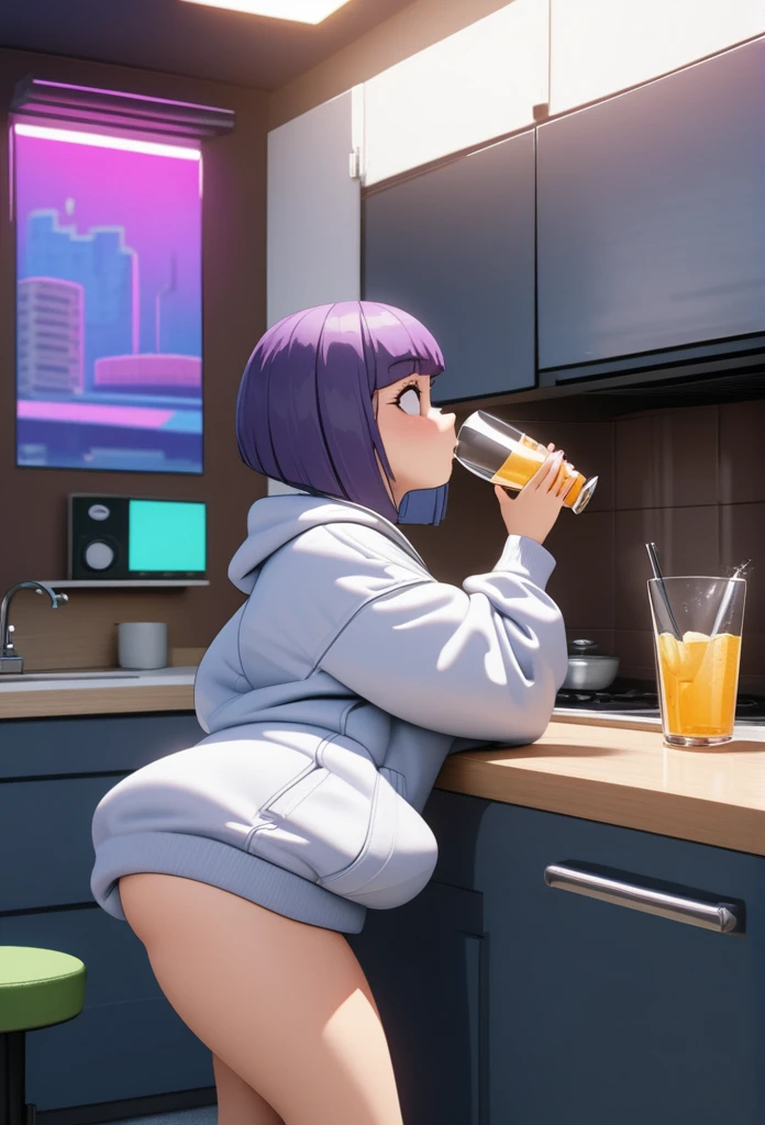 Adult Female, Black purple hair, slanted bob haircut, phlegmatic, stoic expression, cyberpunk apartment kitchen, sipping a small glass of drink, baggy clothes, slobbish, highly detailed, high quality, perfect quality, 8k