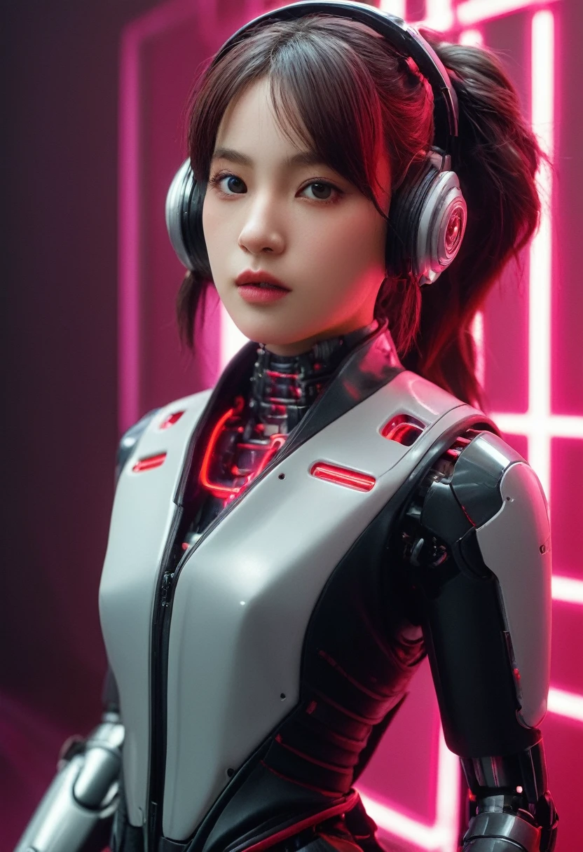xxmixgirl. Highly detailed professional 35mm film, bokeh, face in sharp focus. A robotic female, Miku, with ((metal skin)), ((perfect Asian eyes)) with magenta irises and ((black pupils)), beautiful serious (detailed face), 18 year old ((photorealistic face)), very long magenta twin tails of magenta hair, twin black hair ties with a single red stripe. She may have a black audio headpiece. We can see her ((full body)) down to her boot soles. Her outfit is a sleeveless collared light grey shirt, outlined in red around the frilled collar and hems. Shiny reflective ((metallic breast cups, dimpleless)), invisible nipples. She wears black sleeves with red hems that start around her upper arm and bellow out as the sleeves open and extend to her wrists, with wide trumpet red rimmed cuffs. She has perfect robotic (detailed hands). She wears a red colored tie with two horizontal solid parallel black lines halfway across. She wears a fabric black skirt with a horizontal red hem at the bottom all the way around; her (((black skirt wraps around her))) and ((her skirt completely covers)) her robotic waist and thighs. Tall black boots with red bottom soles, a red rim around the top at her thighs. Her mechanical shoulder joints are visible. We can see her robotic legs and robotic neck. Half of her is covered with shiny polished machinery. The background is a distant dark neon futuristic Japanese city, gold, cyan, violet neon, near harbor or mountains.