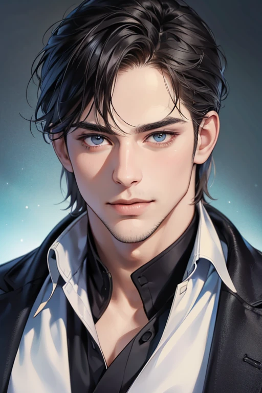(best quality,4k,8k,highres,masterpiece:1.2),ultra-detailed,(realistic,photorealistic,photo-realistic:1.37),30 year old man,3 day beard,handsome anime,portraits,strong,masculine,dark hair,sharp jawline,mesmerizing eyes,perfectly styled hair,cool anime outfit,confident expression,vibrant colors,dynamic lighting, CEO and expression smile in love.