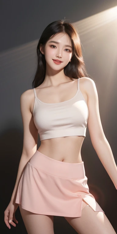 1girl, parted lips, blush, makeup, light smile, black hair, red eyes, crop top, skirt, light rays, glow, thighs, collarbone, narrow waist, (masterpiece), wallpaper,