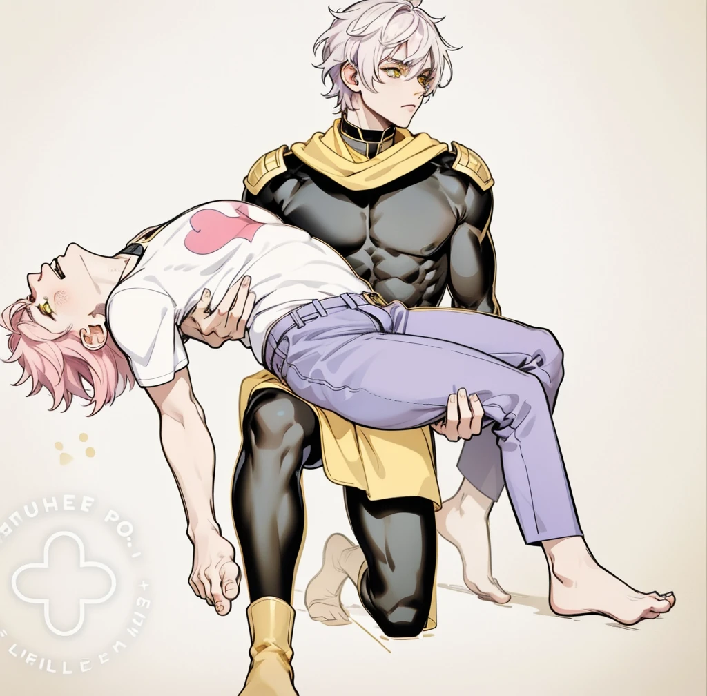 He is lifting in his arms a scrawny and shitty boy., pink hair the other has white hair yellow eyes he is barefoot black suit with yellow and gold metals he has gold boots