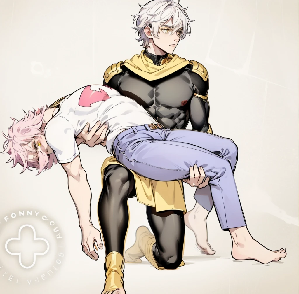 He is lifting in his arms a scrawny and shitty boy., pink hair the other has white hair yellow eyes he is barefoot black suit with yellow and gold metals he has gold boots