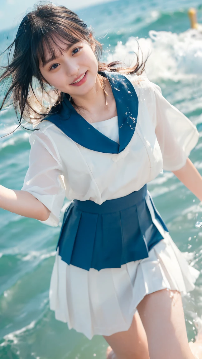 (((sunny day、Japanese 、beach、Strong winds are blowing、My hair and skirt are flying、Traditional navy blue sailor uniform、White blouse、Pleated skirt、Playing with seawater:1.25、Splash、Throwing water at the camera、smile、laughter、Sandy Beach、Light of the sun、clear blue sea、The waves gently crash、Blue sky with white clouds floating、Green Mountain々、Beautiful Nature、The joys of youth)))、(((Composition looking down from above:1.33)))、(((8k、highest quality、masterpiece、超A high resolution)))、(Realistic:1.4)、RAW Photos、(Real skin texture:1.3)、(Film Grain:1.3)、((No underwear、Bend one leg))、One Girl、Beautiful and detailed eyes and face、barefoot、