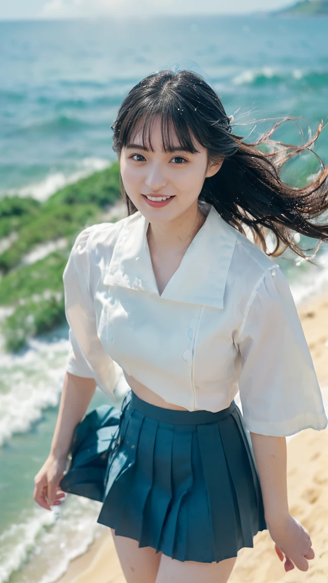 (((sunny day、Japanese 、beach、Strong winds are blowing、My hair and skirt are flying、Traditional navy blue sailor uniform、White blouse、Pleated skirt、Playing with seawater:1.25、Splash、Throwing water at the camera、smile、laughter、Sandy Beach、Light of the sun、clear blue sea、The waves gently crash、Blue sky with white clouds floating、Green Mountain々、Beautiful Nature、The joys of youth)))、(((Composition looking down from above:1.33)))、(((8k、highest quality、masterpiece、超A high resolution)))、(Realistic:1.4)、RAW Photos、(Real skin texture:1.3)、(Film Grain:1.3)、((No underwear、Bend one leg))、One Girl、Beautiful and detailed eyes and face、barefoot、