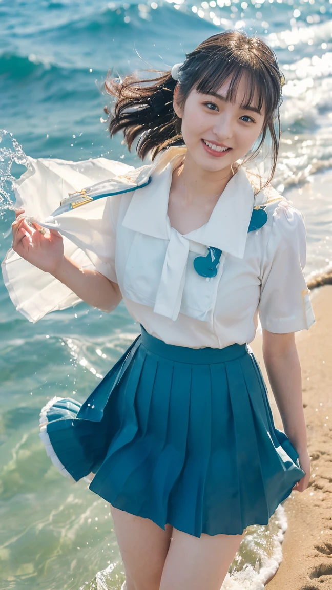(((sunny day、Japanese 、beach、Strong winds are blowing、My hair and skirt are flying、Traditional navy blue sailor uniform、White blouse、Pleated skirt、Playing with seawater:1.25、Splash、Throwing water at the camera、smile、laughter、Sandy Beach、Light of the sun、clear blue sea、The waves gently crash、Blue sky with white clouds floating、Green Mountain々、Beautiful Nature、The joys of youth)))、(((Composition looking down from above:1.33)))、(((8k、highest quality、masterpiece、超A high resolution)))、(Realistic:1.4)、RAW Photos、(Real skin texture:1.3)、(Film Grain:1.3)、((No underwear、Bend one leg))、One Girl、Beautiful and detailed eyes and face、barefoot、