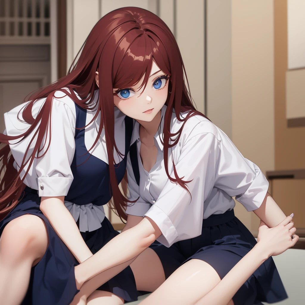 A beautiful girl with long dark red hair, with a lock of hair partially covering your eye, she has beautiful big dark blue eyes, wearing a long white shirt, a blue blouse, a black and white skirt, and a pair of simple white high-top sneakers, and a big blue earphone around her neck, she is really very beautiful
