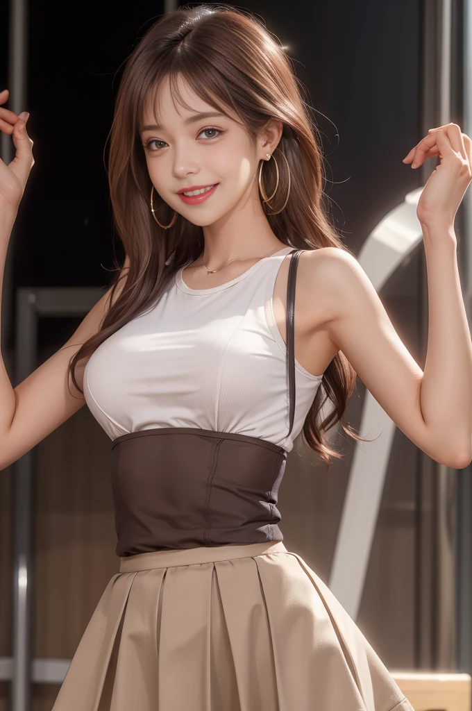 Highest quality, expensive_solve, clear_image, Detailed Background ,girl, RisaHamazak1, Brown Hair, Long Hair, Brown eyes, Hoop Earrings, amount, Large Breasts, Tank top, Sleeveless shirt, Brown Skirt, smile, View your audience, 1人のgirl, alone, 