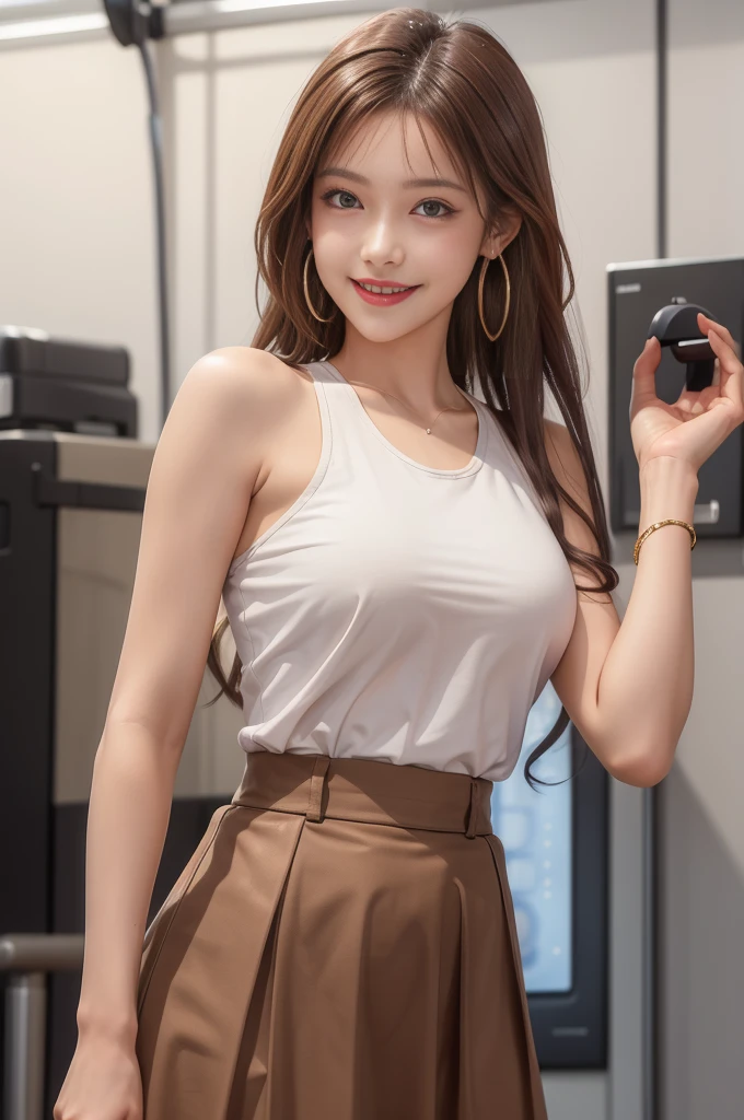 Highest quality, expensive_solve, clear_image, Detailed Background ,girl, RisaHamazak1, Brown Hair, Long Hair, Brown eyes, Hoop Earrings, amount, Large Breasts, Tank top, Sleeveless shirt, Brown Skirt, smile, View your audience, 1人のgirl, alone, 