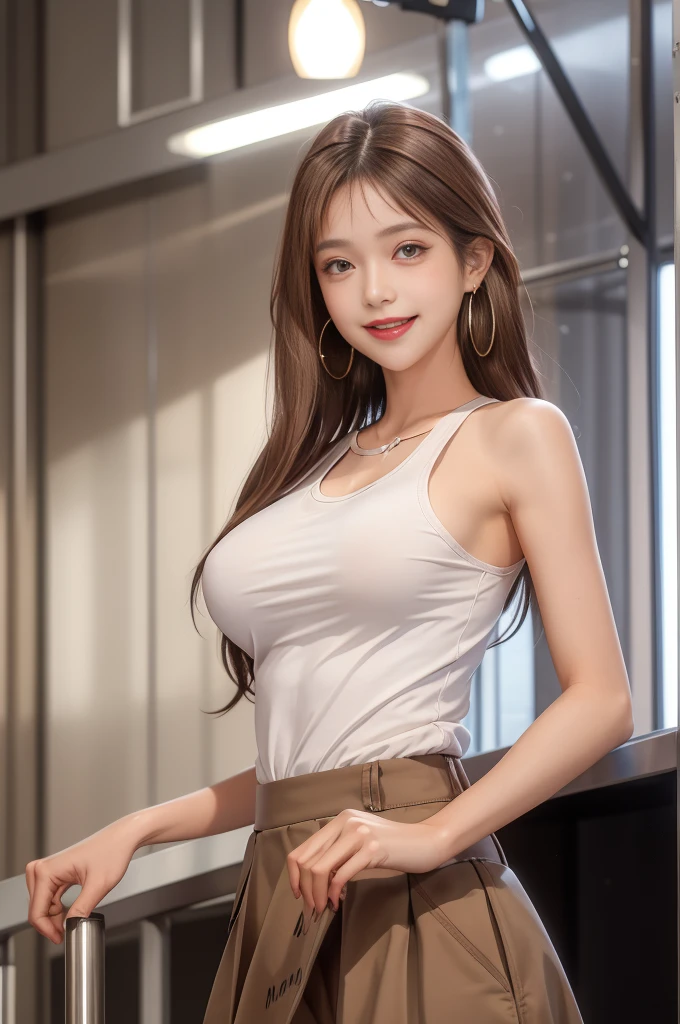 Highest quality, expensive_solve, clear_image, Detailed Background ,girl, RisaHamazak1, Brown Hair, Long Hair, Brown eyes, Hoop Earrings, amount, Large , Tank top, Sleeveless shirt, Brown Skirt, smile, View your audience, 1人のgirl, alone, 