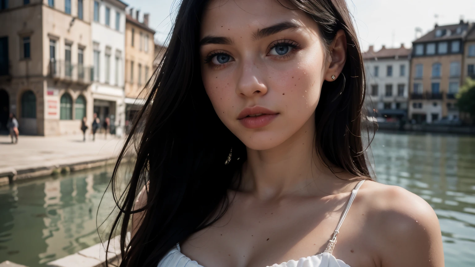 35mm film, solo, makeup, blue eyes, , (white dress), looking at viewer, epiCPhoto,focus on face, close to viewer, intricate lines,  medieval houses, cobblestone path, (((urban lake))),  sharp magnificent details, delicate features, elaborate details, beautiful girl, ((black hair)), (long hair) eighteen years old woman, ((upper body)) (Acne), ((natural lighting)) 