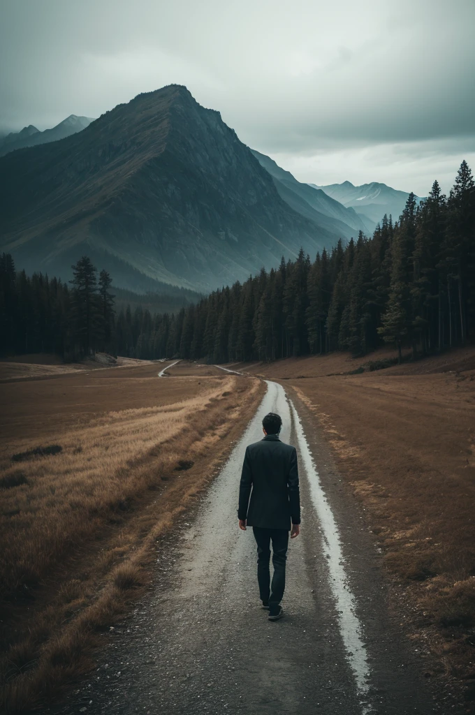 lonely man on path, with beautiful and dark landscape, rear view