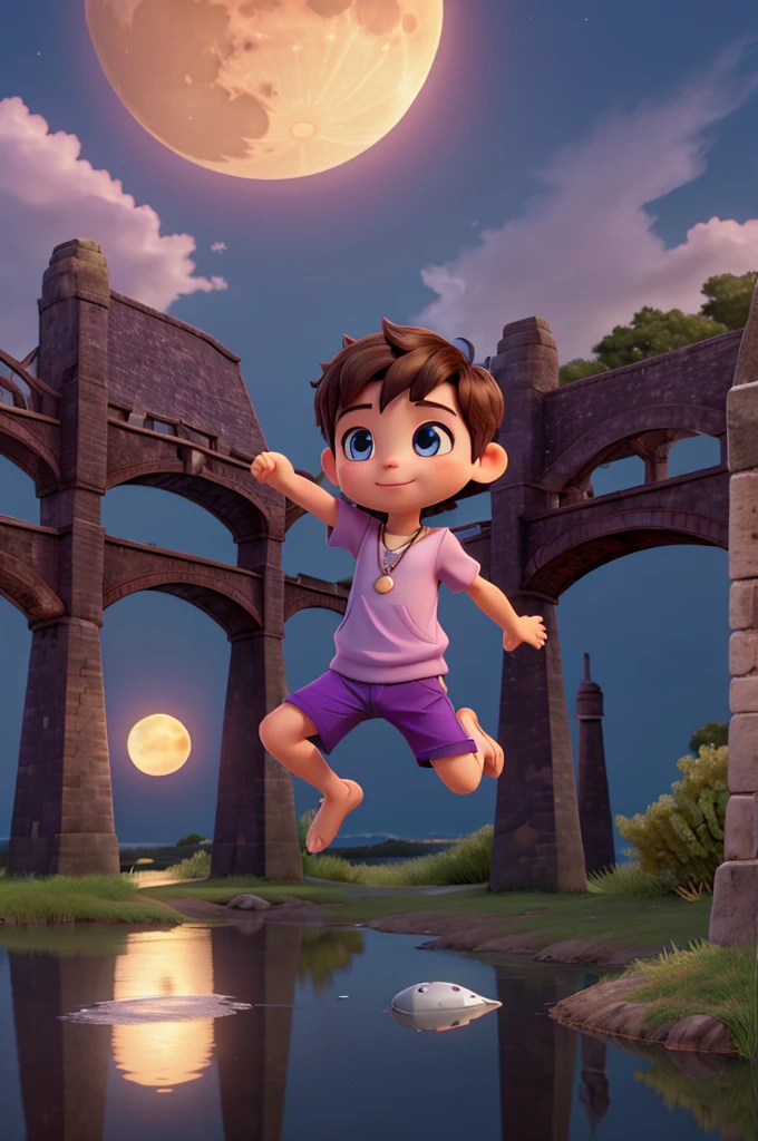 Bridge with sun going away, reflection of the sun in the water and the moon rising, with one jumping with a moon necklace, purple outfit, catboy