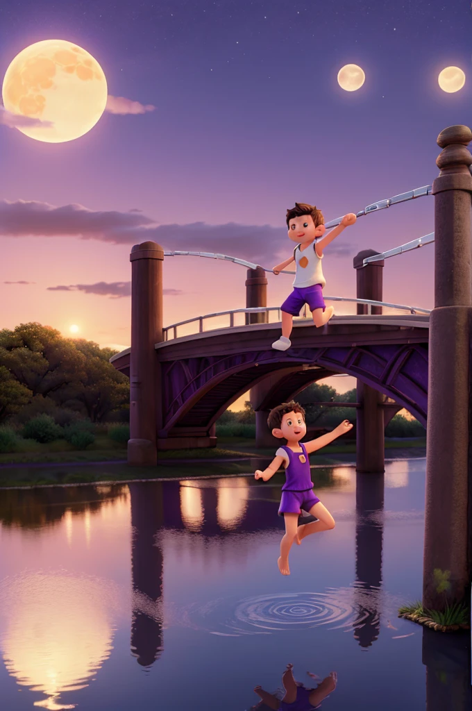 Bridge with sun going away, reflection of the sun in the water and the moon rising, with one jumping with a moon necklace, purple outfit, catboy