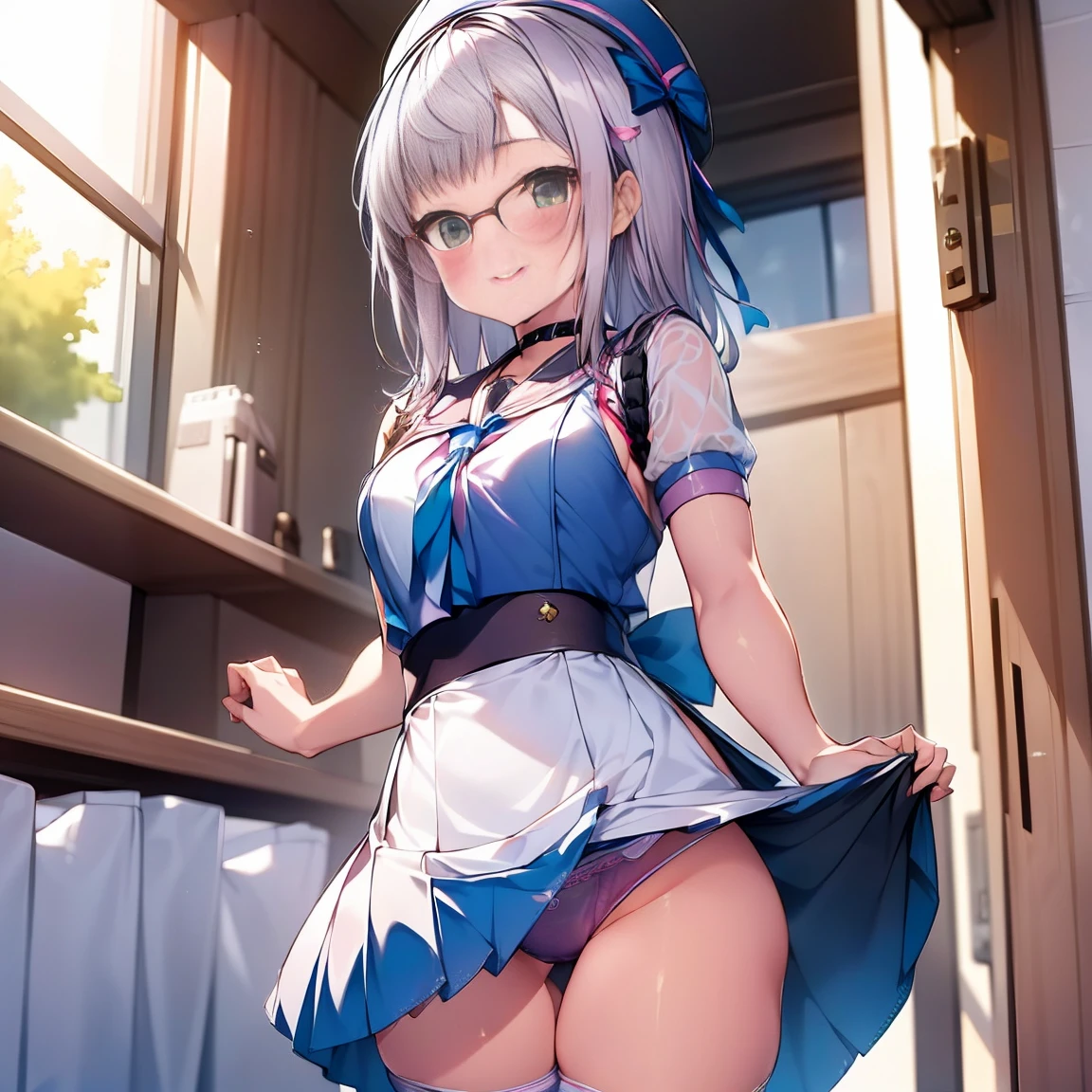 8K、masterpiece、Japanese、Woman wearing glasses、Neon(nod)、from the front、smile、Childish、Small breasts、See-through underwear、night、Bedroom、Show your underwear、mini skirt