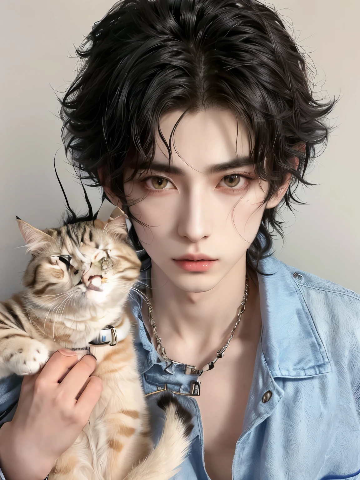 araffe with a cat in his arms and a woman with a collar, handsome japanese demon boy, cai xukun, beautiful androgynous prince, human cat hybrid, delicate androgynous prince, wicked ulzzang, an epic non-binary model, Her hair is messy and wild, Finn Wolfhard, androgynous person