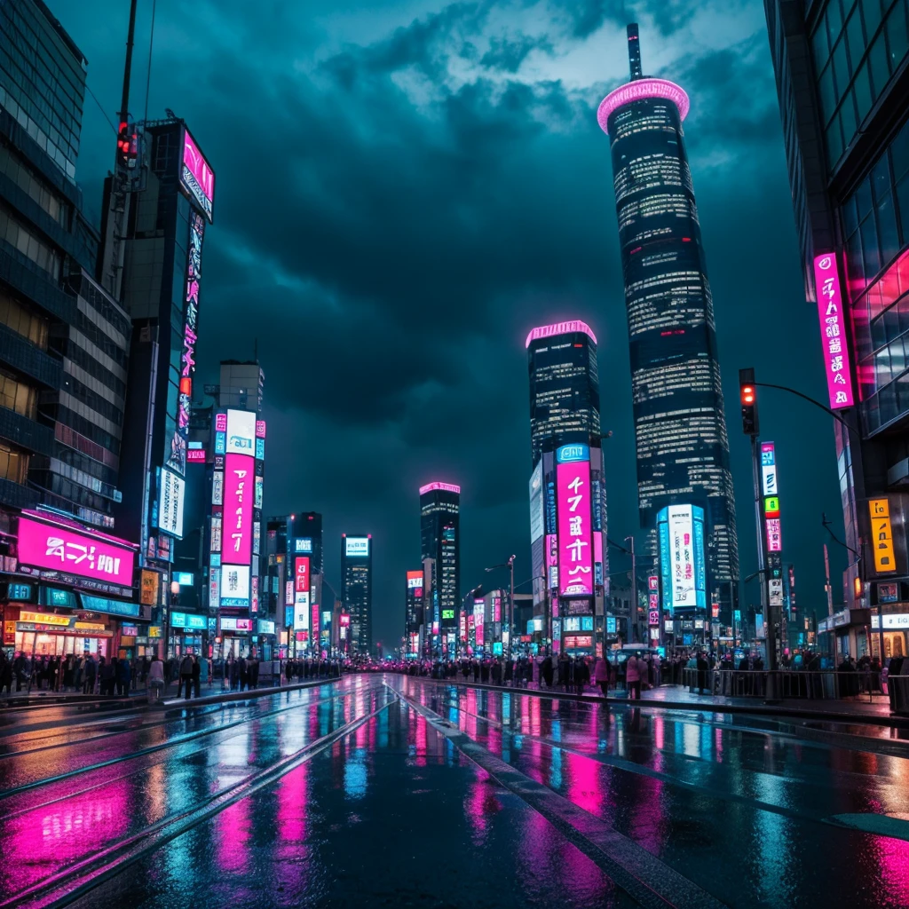 background: sci fi tokyo, Skyscraper rainy streets, at night, pink lights