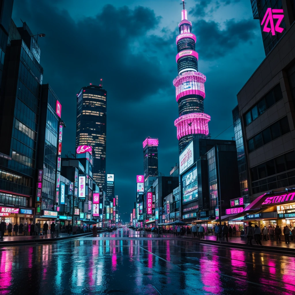 background: sci fi tokyo, Skyscraper rainy streets, at night, pink lights