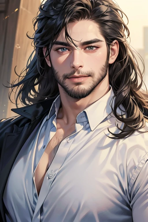 (best quality,4k,8k,highres,masterpiece:1.2),ultra-detailed,(realistic,photorealistic,photo-realistic:1.37),30 year old man,3 day beard,handsome anime,portraits,strong,masculine,dark hair,sharp jawline,mesmerizing eyes,perfectly styled hair,cool anime outfit,confident expression,vibrant colors,dynamic lighting, CEO and expression smile in love.
