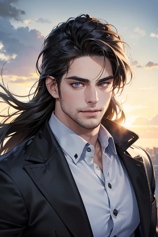 (best quality,4k,8k,highres,masterpiece:1.2),ultra-detailed,(realistic,photorealistic,photo-realistic:1.37),30 year old man,3 day beard,handsome anime,portraits,strong,masculine,dark hair,sharp jawline,mesmerizing eyes,perfectly styled hair,cool anime outfit,confident expression,vibrant colors,dynamic lighting, CEO and expression smile in love.
