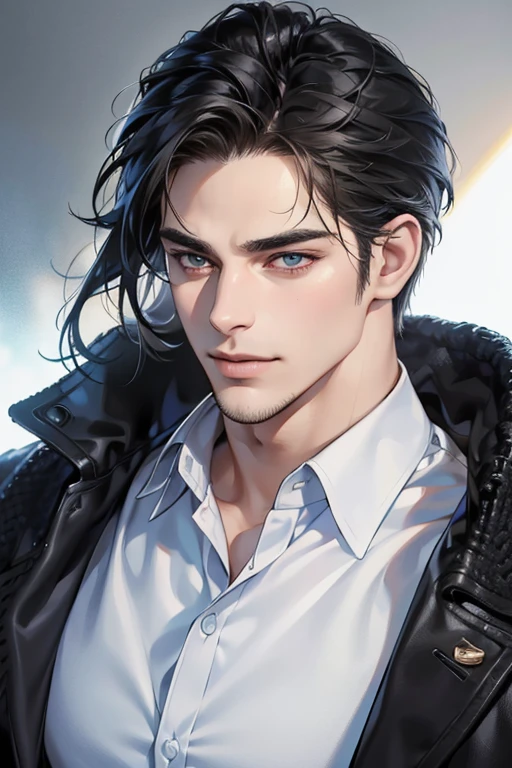 (best quality,4k,8k,highres,masterpiece:1.2),ultra-detailed,(realistic,photorealistic,photo-realistic:1.37),30 year old man,3 day beard,handsome anime,portraits,strong,masculine,dark hair,sharp jawline,mesmerizing eyes,perfectly styled hair,cool anime outfit,confident expression,vibrant colors,dynamic lighting, CEO and expression smile in love.
