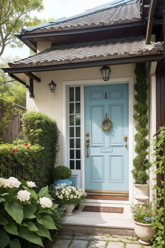 It is a cozy and well-kept house, two-story, with a facade painted in shades of cream and light blue. There is a small garden in front, with well-kept plants and some colorful flowers. The front door is dark wood, adorned with a simple garland, yet elegant.