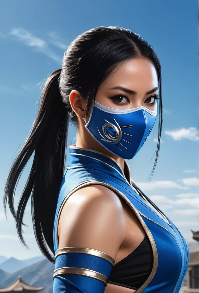/imagine prompt: Kitana game Mortal Kombat::3, wearing a blue leotard, mouth mask, black eyes, long black hair, ponytail, alone, sun, blue sky, extremely detailed and beautiful, with fans in her hands with knives in them tips :: --quality .5 8K, best quality, Artwork, illustration, extremely delicate and beautiful, Very detailed, CG, wallpaper, (real, photo-real: 1.37), incredible, science fiction, exquisite details , electroplated silver
best quality, realistic, photorealistic, (intricate details: 1,2), (delicate detailed), (cinematic light), clear line, sharp focus, realistic face, detailed face
Unity 8k wallpaper, ultra-high resolution, (photorealistic: 1.4), looking at the viewer
